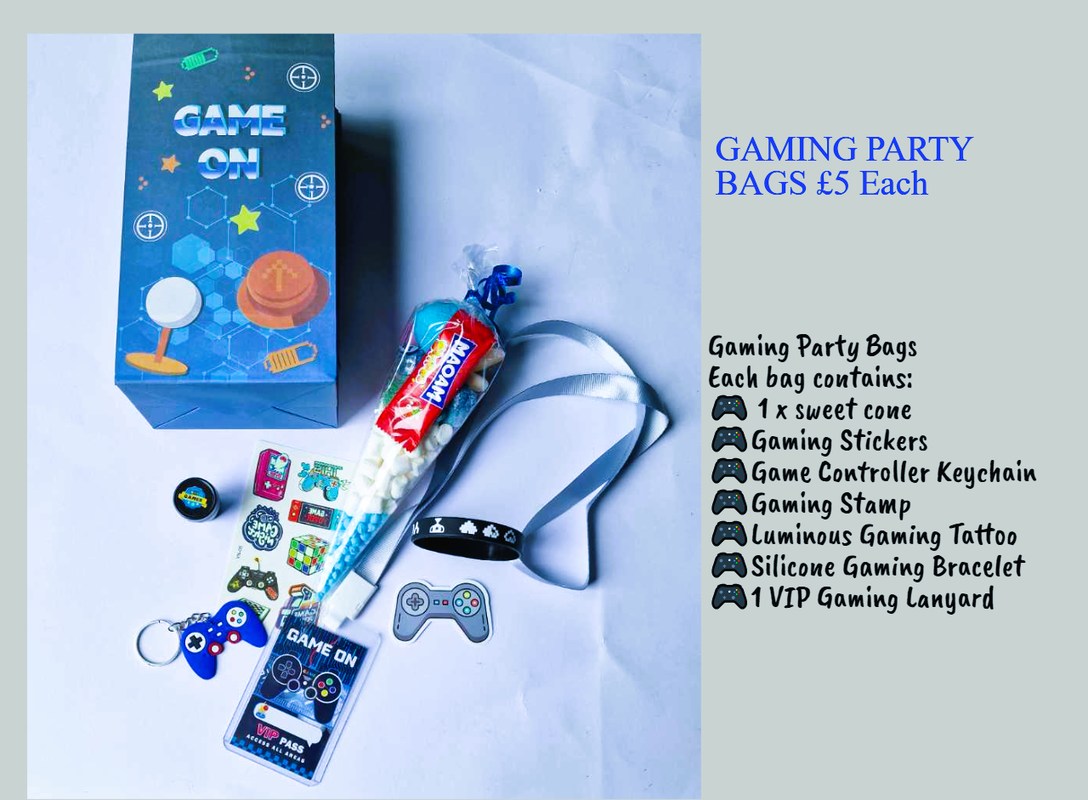 Gaming themed party favors featuring a colorful collection of stickers, a keychain, a medal, stamps, sweets, and a bracelet, all showcased against a white background with a price tag for the full bag.vip lanyards,gamingparty bag