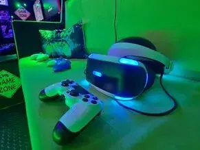 VR headset and game controllers inside the Streetside Gaming Bus in Billericay