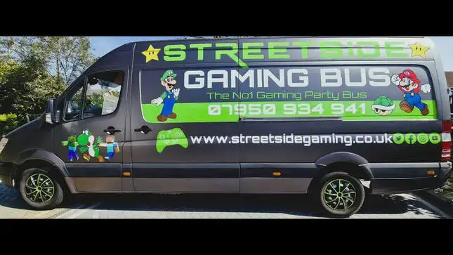 Streetside Gaming Bus parked in Ipswich, Suffolk, ready for a mobile gaming party
