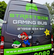 Rear of the Streetside Gaming Bus parked in Sudbury, Suffolk