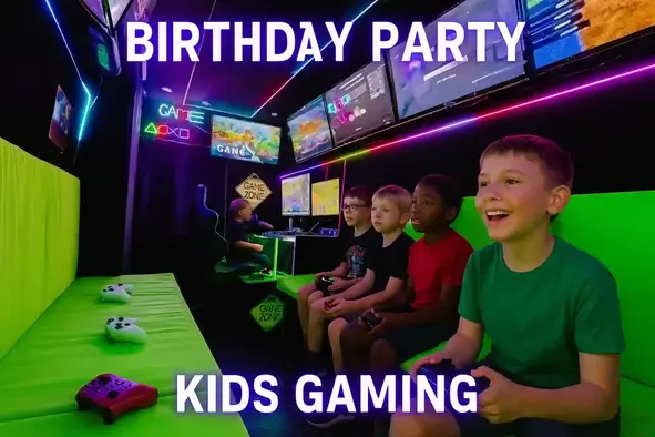 Children enjoying a birthday party inside the Streetside Gaming Bus