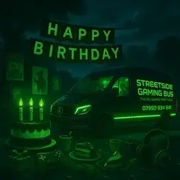 Streetside Gaming Bus birthday graphic with cake and neon-green lighting