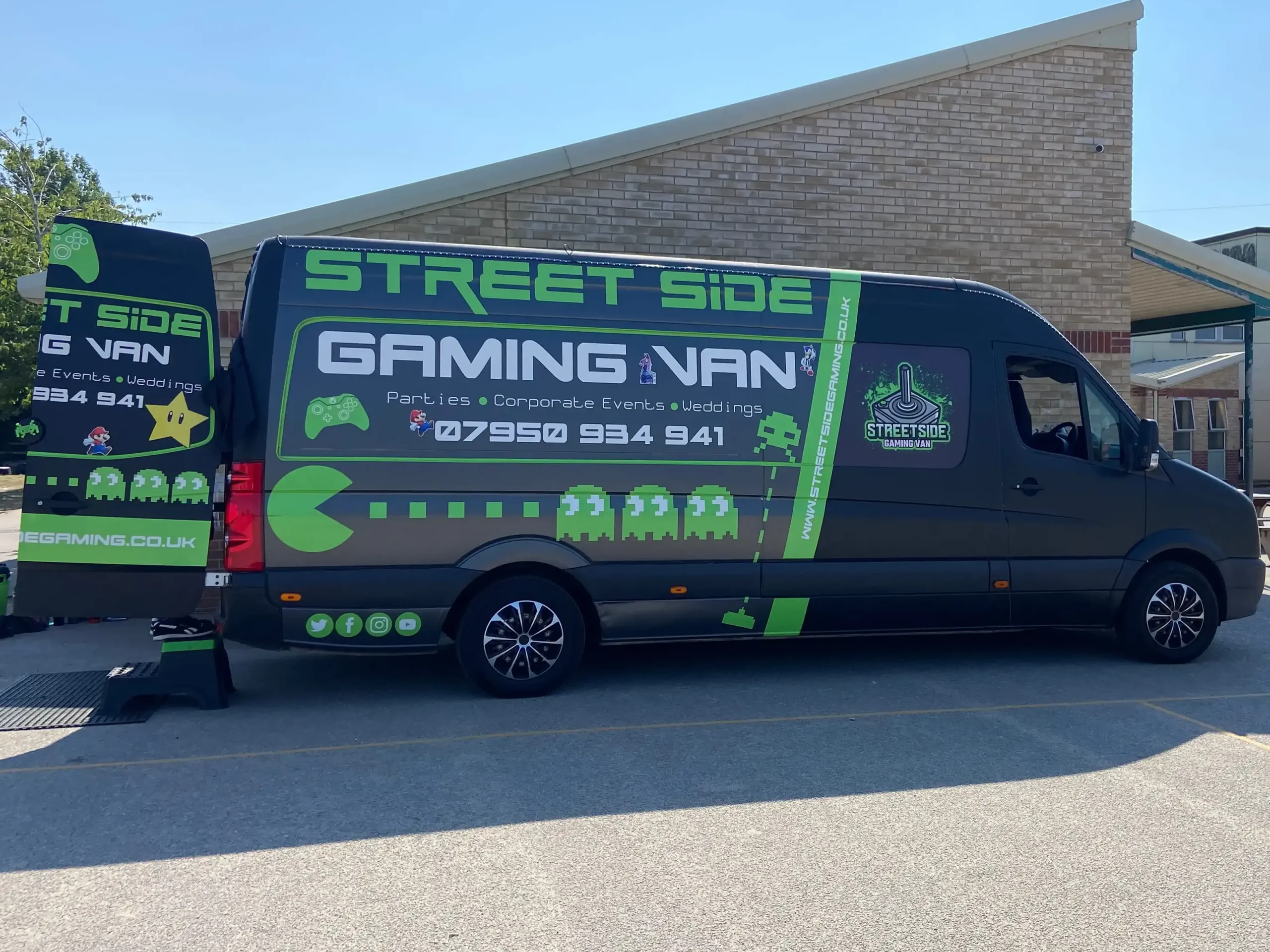 Streetside Gaming Van parked outside a school for a gaming event