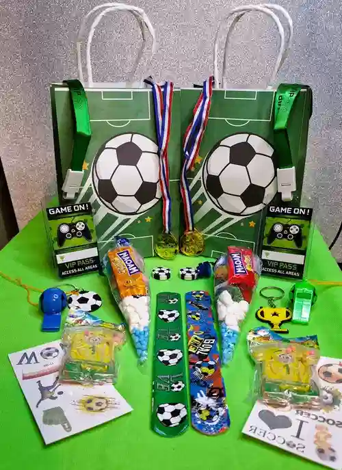 Football party bags with sweet cones, VIP gamer lanyards, medals and football-themed extras