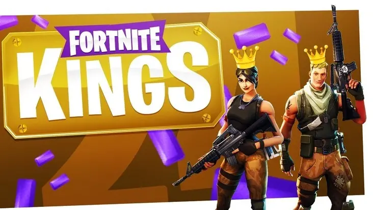 Fortnite Kings graphic featuring two crowned Fortnite characters with weapons