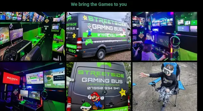 Streetside Gaming Bus in Witham with gaming PC, neon-lit interior, children gaming and outdoor VR