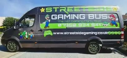 Streetside Gaming Bus parked in Brightlingsea, Essex, ready for a mobile gaming party