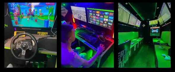 Streetside Gaming Bus in Ipswich with racing simulator, gaming PC and neon-lit interior