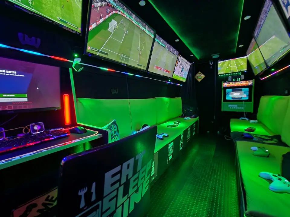 Inside the Streetside gaming bus ready for a gaming party in Manningtree.