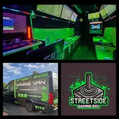 Streetside Gaming Bus collage showing the gaming interior, branded van and company logo.