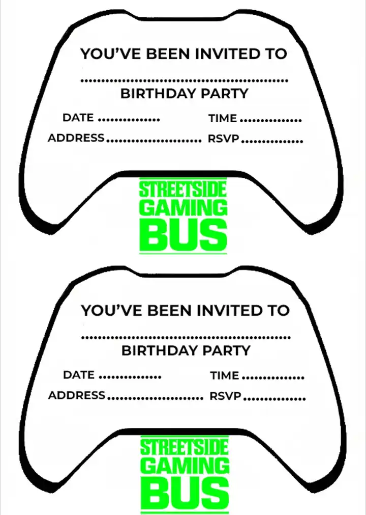 Printable controller-shaped Streetside Gaming Bus birthday party invitations
