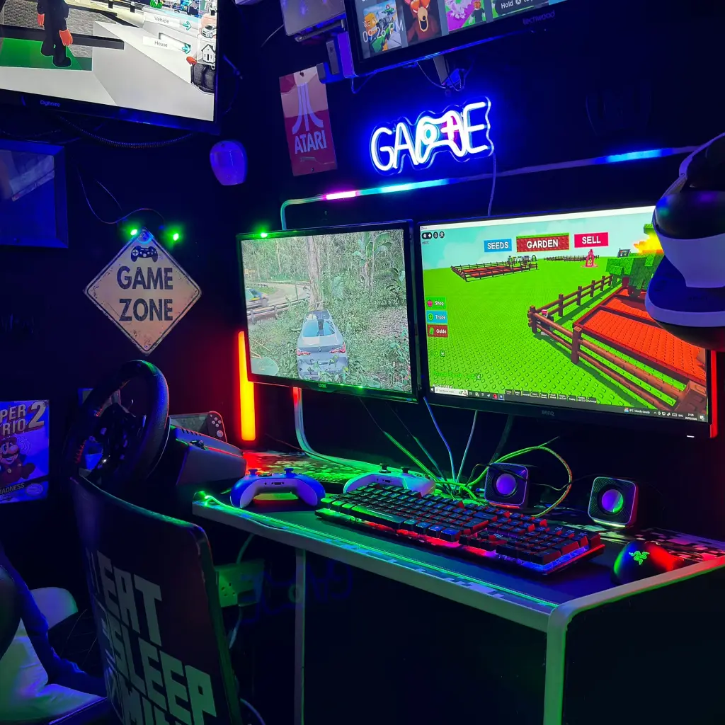 Gaming PC setup inside the Streetside birthday party gaming bus in Essex