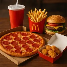 Gaming party food with pizza, burger, fries, chicken nuggets and a soft drink