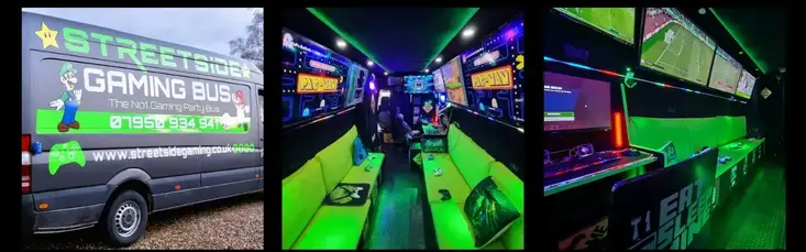 Streetside Gaming Bus in Great Bentley with branded exterior, neon-green seating and multiple gaming screens