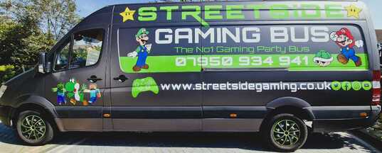 Streetside Gaming Bus parked in Great Bentley, Essex, ready for a mobile gaming party