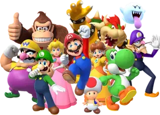 Group of colourful Super Mario characters including Mario, Luigi, Yoshi and Donkey Kong