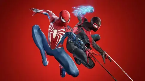 Two Spider-Man characters swinging through the air against a red background