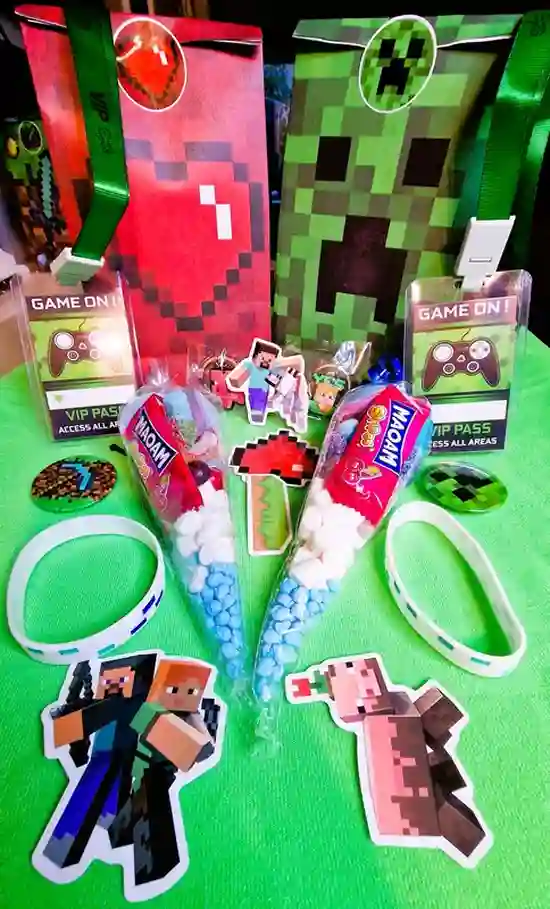 Minecraft party bags with sweet cones, VIP gamer lanyards and themed extras