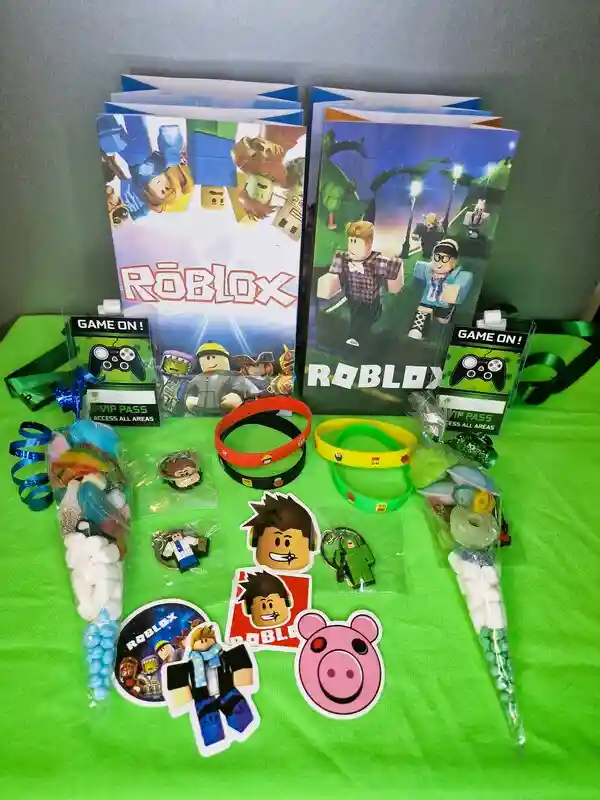 Roblox party bags with sweet cones, VIP lanyards and themed gaming extras