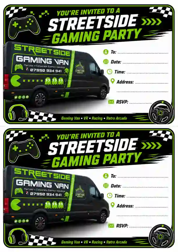 Printable Streetside gaming party invitations featuring the gaming van and racing-themed design