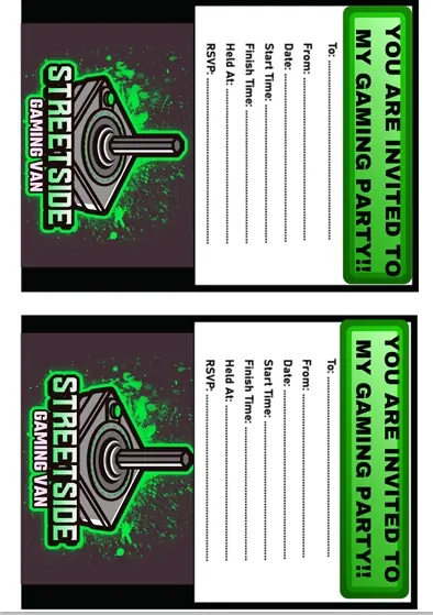 Printable Streetside Gaming Van ticket-style birthday party invitations