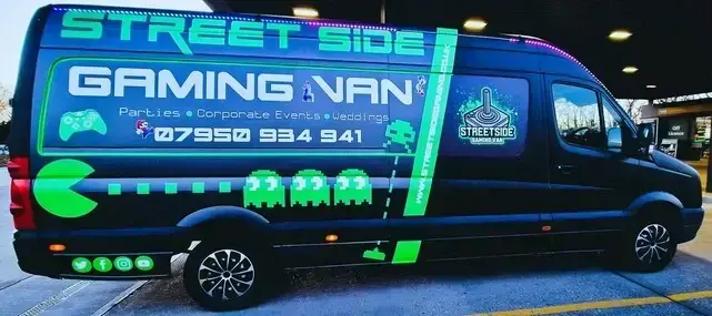 StreetSide Gaming Van with black and neon-green video game branding