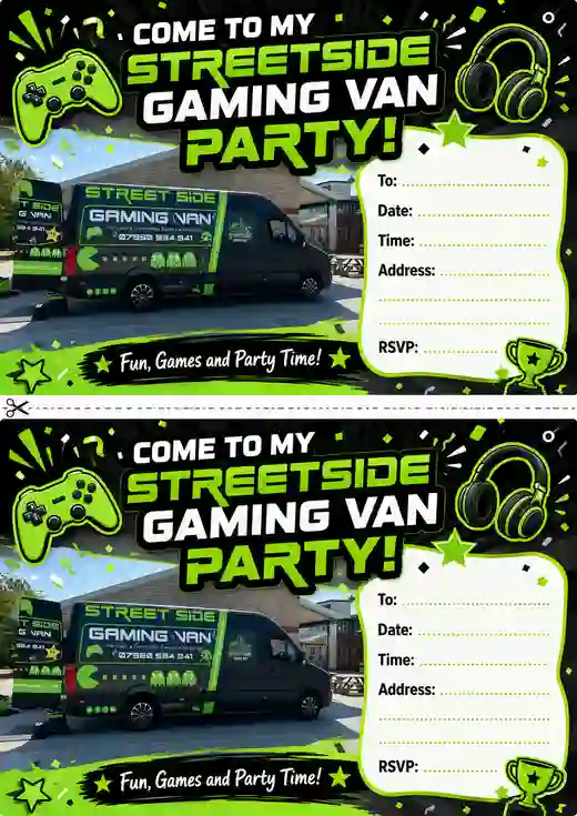 Printable Streetside Gaming Van birthday party invitations with gaming bus, controller and headset design