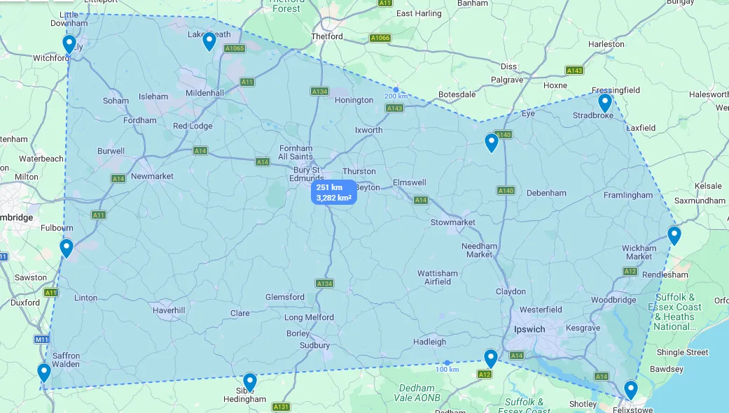 Map showing Streetside Gaming Bus coverage areas across Suffolk