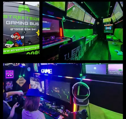 Streetside Gaming Bus Chelmsford with multiple gaming screens, consoles and neon lighting