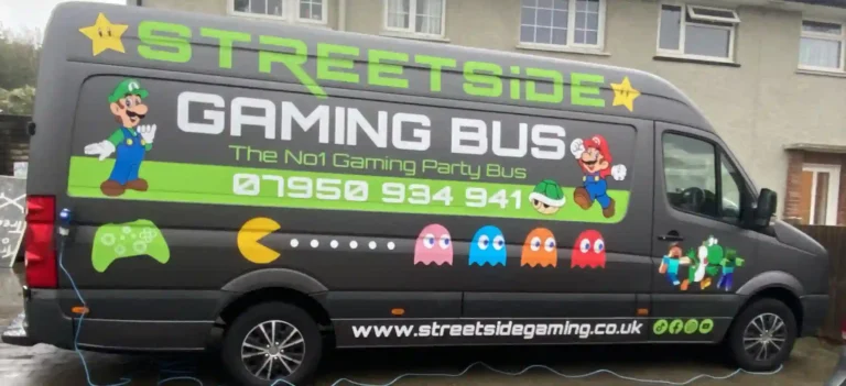 Streetside Gaming Bus in Essex with green and black branding, available for children's birthday parties and mobile gaming events.